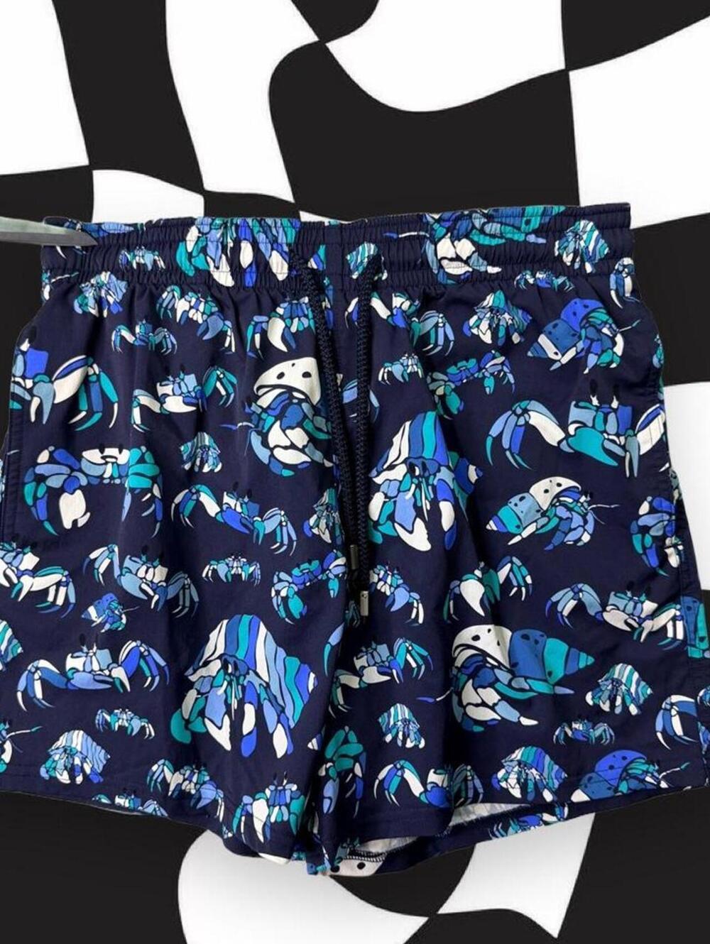 Vilebrequin Swim Shorts with light blue crab pattern on navy background